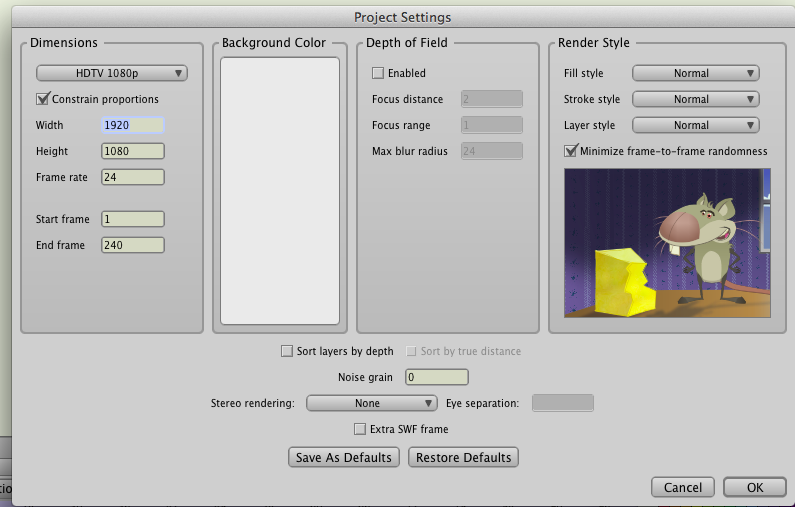 Anime Studio Pro document/canvas settings (click to enlarge)