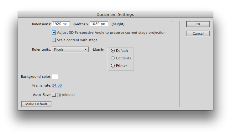Flash document/canvas settings (click to enlarge)
