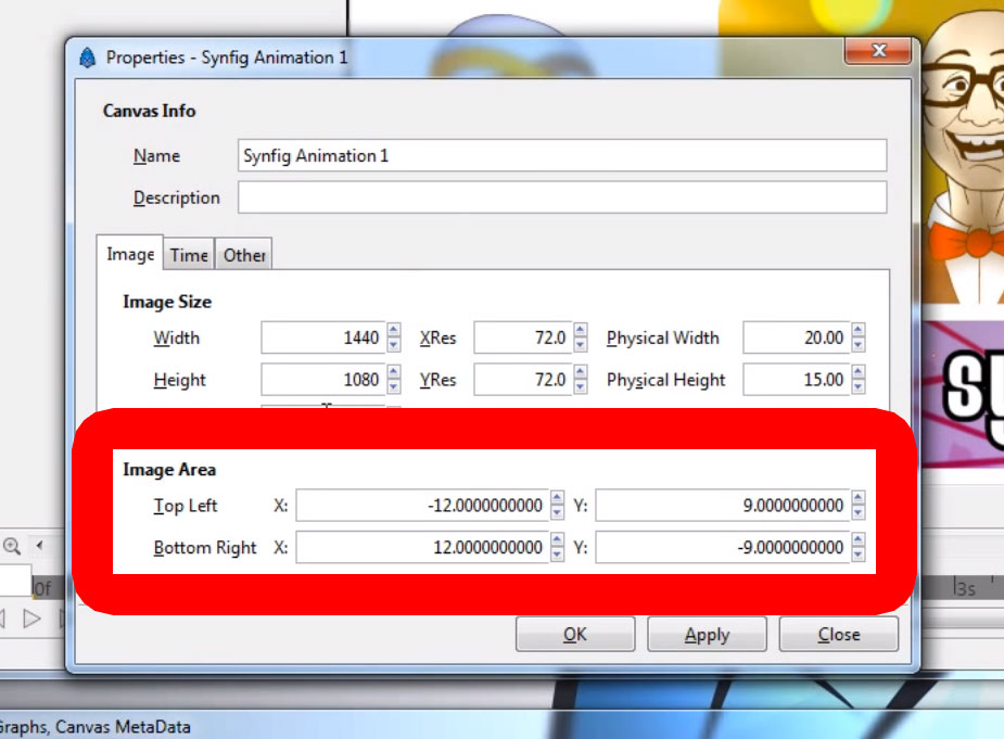 synfig settings Image area highlighted in red is the canvas size. | courtesy of darth furby