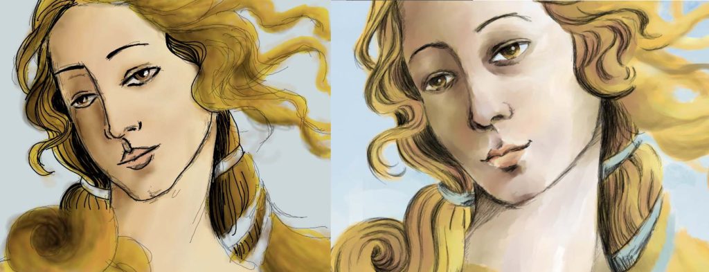 If you tried Krita, try it again. The first time I used Krita (left), I wasn't impressed. I decided to give it another shot (right) and I really liked the results. The brushes are wonderful. It just takes patience and tinkering. (Click to enlarge)