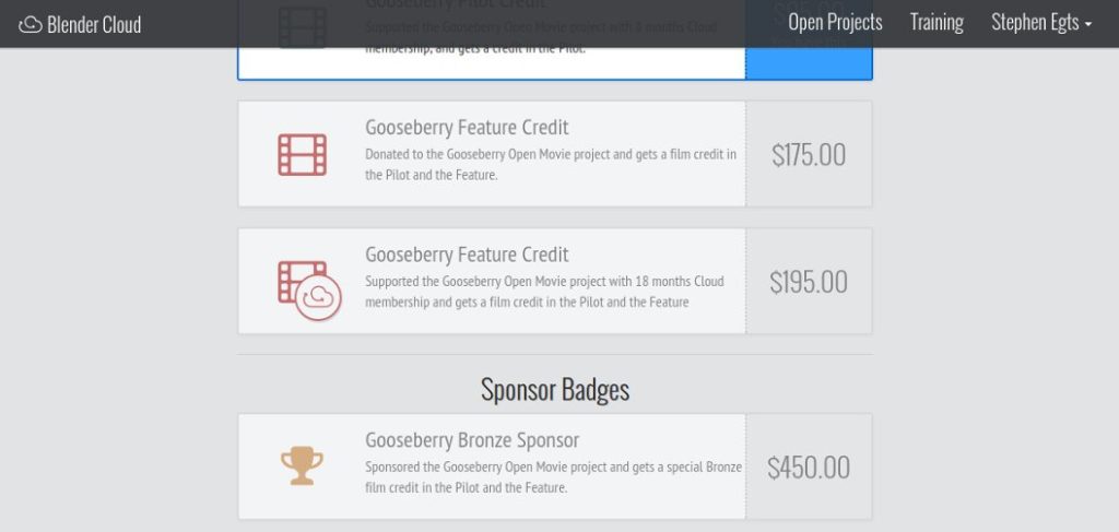 When I scrolled down lower on the Blender Cloud dashboard, I saw that there were options for feature-film sponsorship. (Click to enlarge)