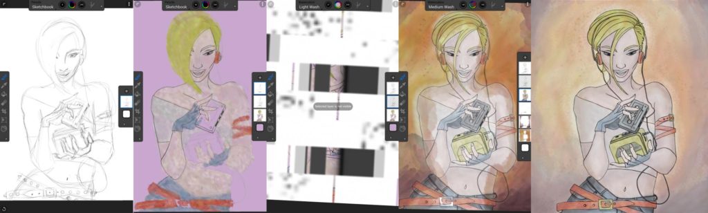 Here's my progress while I was drawing. Notice the visual glitch in the third from the left image. Even though it crashes and has visual malfunctions, Corel Painter Mobile is one of my fave. Click image to enlarge.